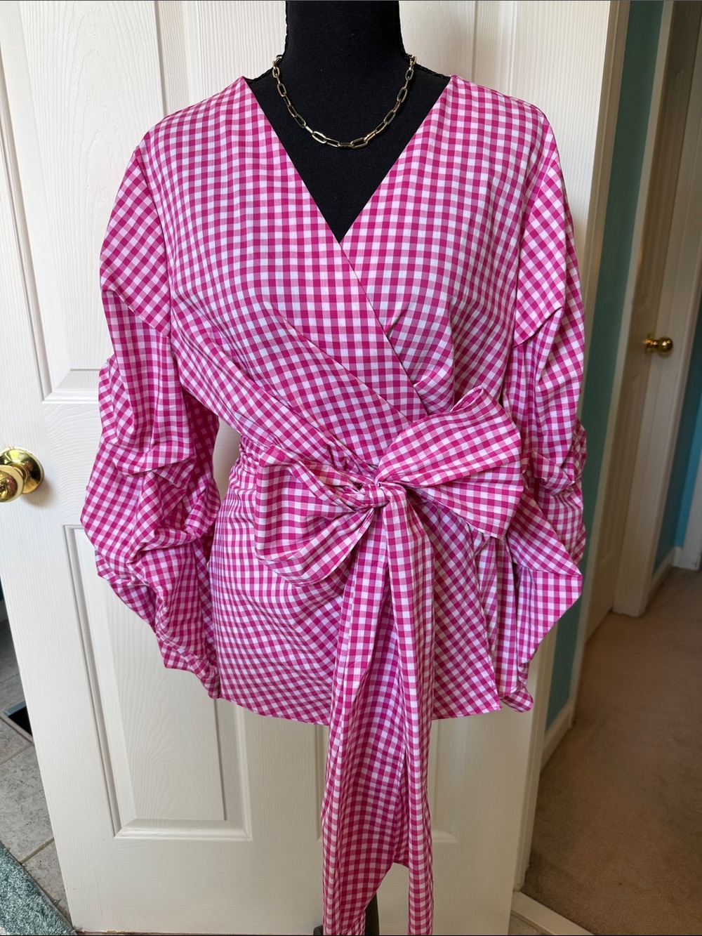 Halogen Pink Gingham V-Neck Wrap Top with Statement Waist Tie and Sleeves